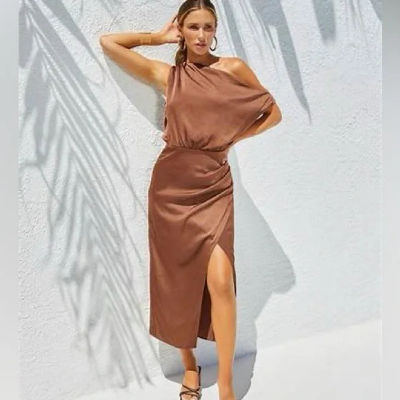 knee length dresses for ladies Lilly Sweetheart Satin Maxi Dress / Dark Chocolate | Meshki main image 1